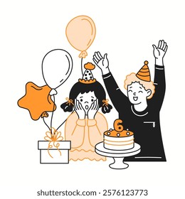 Boy wishing happy birthday to surprised preschooler girl color linear icon. Little children at funny holiday party characters doodle simple illustration