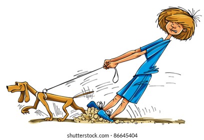 Boy wit dog cartoon. Well, the dog is small but looks like it is extremely strong.