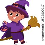 Boy Witch With Witch Broom And Witch Lamp Illustration