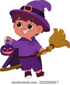 Boy Witch With Witch Broom And Witch Lamp Illustration