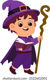 Boy Witch Holding Wand And Witch Book Illustration