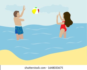 Junge ohne Hand und Mädchen spielen Ball im Meer.