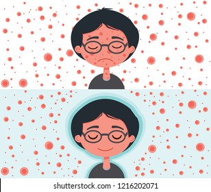 A boy without immunity who is ill with measles, and a boy with immunity who is not ill. Illustration, vector.