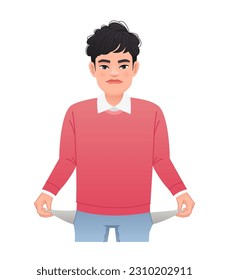 Un niño sin dinero. Un tipo con sus bolsillos resultó. Un hombre con bolsillos vacíos. Sin dinero. Ilustración de dibujos animados vectoriales en un fondo blanco.