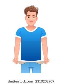 A boy without money. A young man with empty pockets. No money. A guy with his pockets turned out. Vector cartoon illustration on a white background.