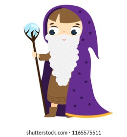 Boy in wizard costume holding magic rod with crystal ball. Halloween children series.