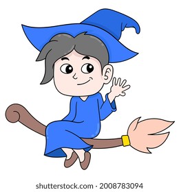 boy wizard flying on a magic broom, vector illustration art. doodle icon image kawaii.