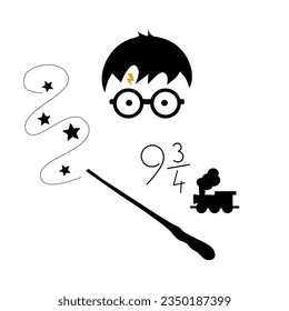 Boy wizard silhouette with magic wand and  nine and three quarters sign 