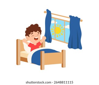 O menino acordou na cama. Janela, manhã, sol. Ilustração em cores vetoriais.