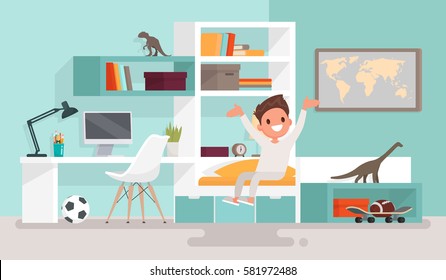 Boy woke up and sits on the stretching bed. Good morning. Vector illustration in a flat style