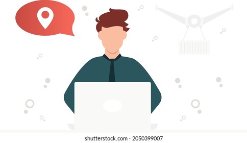 A boy woking on laptop and tell about location.