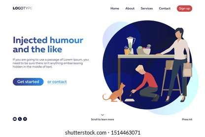 Boy and woman feeding cat in kitchen landing page. Working mother, childcare, animal. Efficiency concept. Vector illustration can be used for topics like business, work, time management