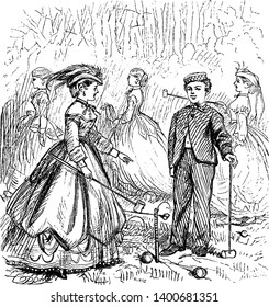 A boy and woman playing croquet, vintage line drawing or engraving illustration