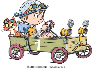 boy in a wooden cart and a cat imagines that he is in a racing car