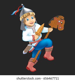Boy with wooden horse - vector illustration