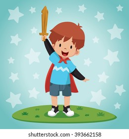 Boy with a wooden sword and a cape