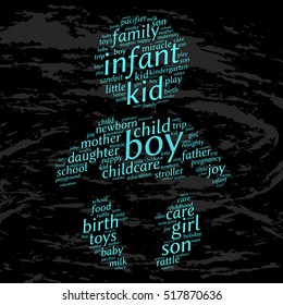 Boy. Word cloud, baby silhouette, grunge background. Family concept.