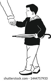 The boy wore a black jacket holding his parent's hand and the other is a piece of close umbrella.