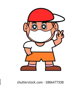 Boy wore red cap and wore protective mask on his face on white background, Protecting the health from at the time when the disease of Covid-19 was an epidemic, People optimistic while facing disaster