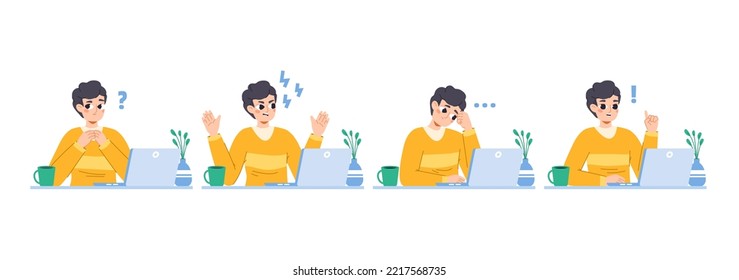 Boy work at computer, problem solution concept. Teenager thoughtful has a doubt and find answer on question. Snugly student different emotions vector character