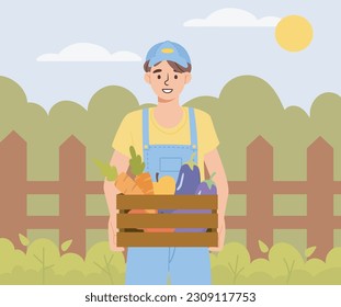 Boy work in farm. Young guy with vegetables on background of fence. Man in uniform with box of carrots, eggplant and apple. Farming and agriculture, village. Cartoon flat vector illustration