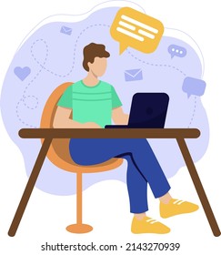 Boy Work With Laptop Vector Illustration In Flat Style