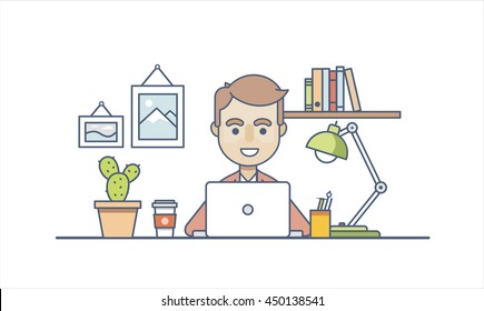 A boy at work in the office character in flat style in white background
