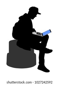 Boy work on laptop outdoor vector silhouette illustration isolated on white background. Man online hacking social network or private banking account. Teenager with computer in public. Internet job.