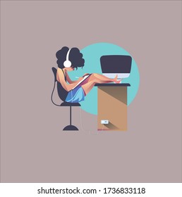 A boy at work while listening music