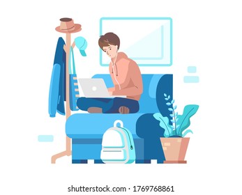 A Boy Work While Sit Down On His Big Chair. He Listening A Music Too. Really Enjoy And Comfy With Their Activity. Vector Ilustration With Minimalism Style