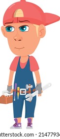Boy worker with toolbox in overalls. Cute cartoon kid