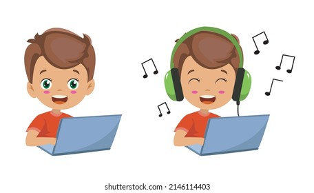 boy working computer and boy listening to music