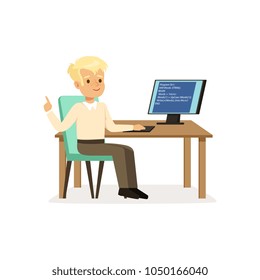 Boy working at computer, pupil of elementary school at informatics lesson at school vector Illustration on a white background