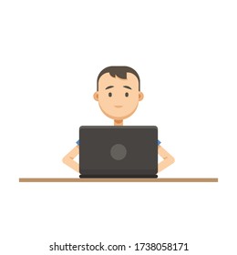 Boy working at the computer vector illustration in flat style, isolated on white background