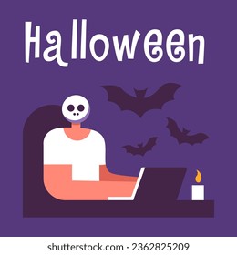 Boy working at a computer wearing a skull mask. Scary atmosphere with bat silhouette. Flat vector illustration in cartoon style.