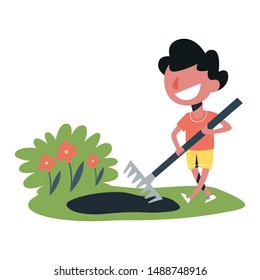 Boy working in the garden with rake. Adorable boy gardening, helping on farm. Isolated vector illustration in cartoon style