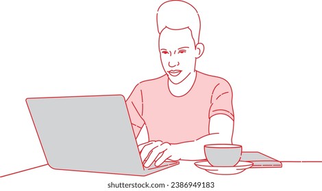The boy is working at his desk with a laptop vector line art 