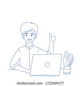 Boy is working at home character design of vector. Doodle illustration.