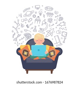 Boy working laptop. Children distance, online education, home schooling concept. Child sitting in comfortable armchair with stem educational doodle. Vector illustration.