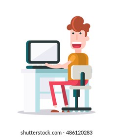 Boy Working with a Laptop. Isolated Flat Vector Illustration.