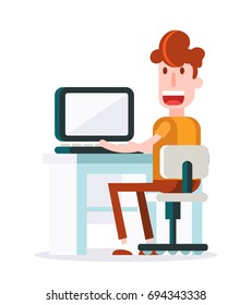 Boy Working with a Laptop . Isolated Flat Vector Illustration
