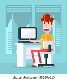Boy Working with a Laptop in the Office. Isolated Flat Vector Illustration.