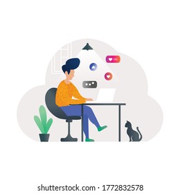 Boy working on computer. Work on computer in home. Work concept.