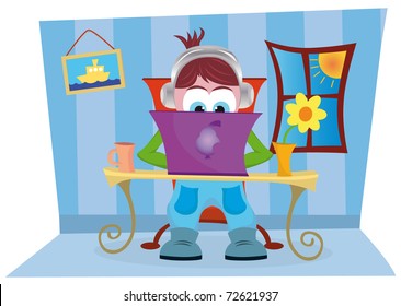 The boy is working on his laptop