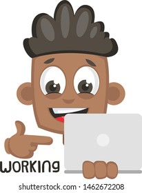 Boy working on lap top, illustration, vector on white background.