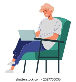 Boy working on laptop computer at home. Freelance, work at home, remote work and home office. Vector illustration in a flat style