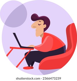 Niño trabajando en una laptop, ilustración, vector sobre fondo blanco.