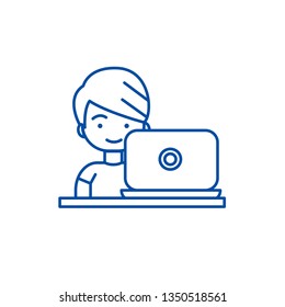 Boy working on laptop line icon concept. Boy working on laptop flat  vector symbol, sign, outline illustration.