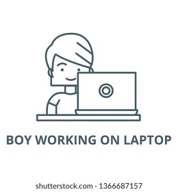 Boy working on laptop line icon, vector. Boy working on laptop outline sign, concept symbol, flat illustration