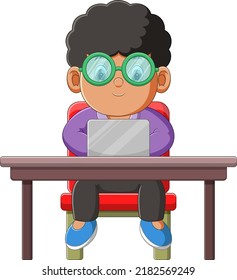 El niño está trabajando en una laptop seriamente mientras está sentado a la ilustración